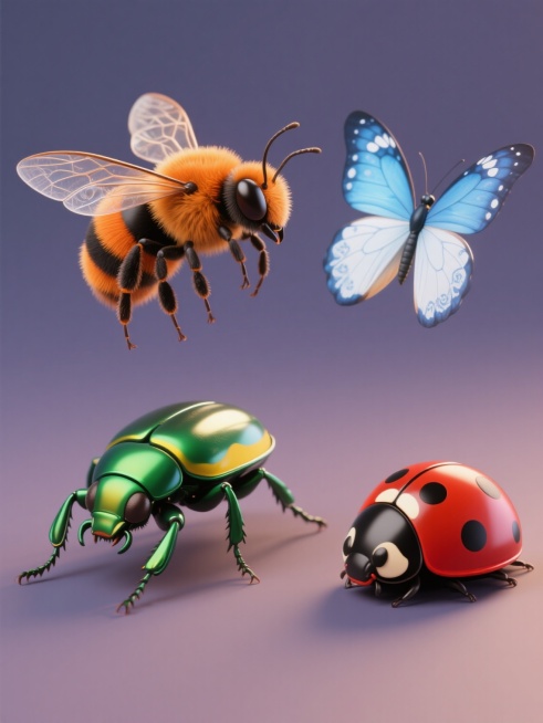 系列素材集合，规整排布在纯色背景上，包含4个完全不同元素内容，保持原3D立体风格、细腻质感和光影效果，变换画面整体色彩。第一个元素是橙色与黑色相间的蜜蜂，有着透明带纹理的翅膀、毛茸茸的身体和大大的复眼；第二个元素是蓝色与白色相间的蝴蝶，翅膀上有精致的花纹和斑点，身体细长；第三个元素是绿色与黄色相间的甲虫，外壳坚硬有光泽，腿部粗壮；第四个元素是红色与黑色相间的瓢虫，背部有圆形的斑点，体型小巧圆润……预览效果