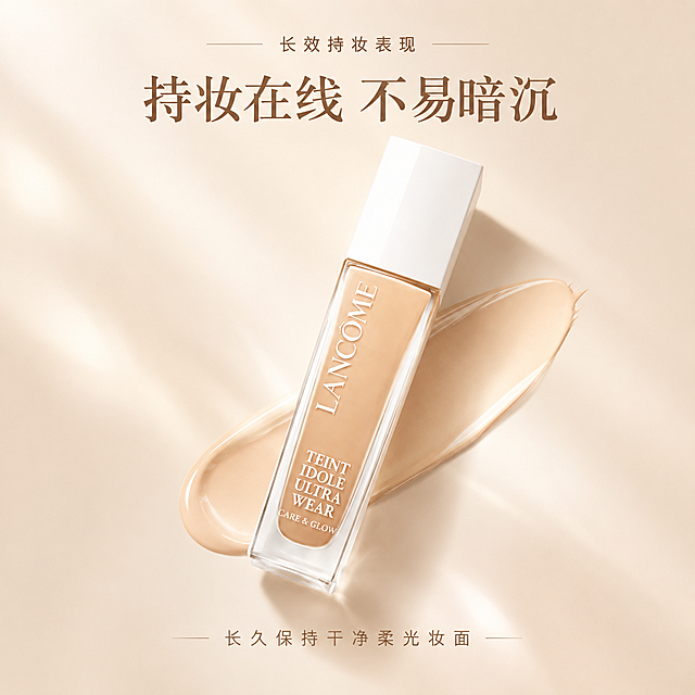 高级美妆海报，兰蔻粉底液瓶身斜放，搭配一抹细腻粉底膏体，柔和漫射光，浅裸米色背景，简约高级，大牌质感，干净构图，留白用来放置文案，商业摄影，高清质感，柔和光晕。顶部小字文案："长效持妆表现"，主标题文案："持妆在线 不易暗沉"，底部小字文案："长久保持干净柔光妆面"