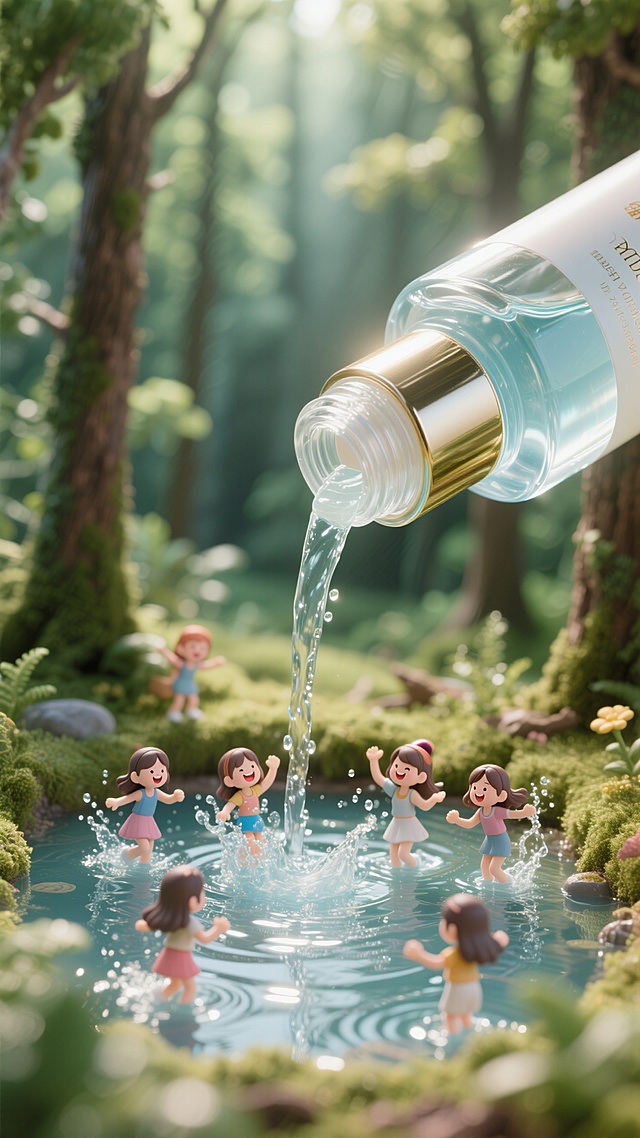 森林，一个巨大的高端爽肤水特写，爽肤水倒出的液体汇成一个小池塘，一群女生在里面嬉戏打闹