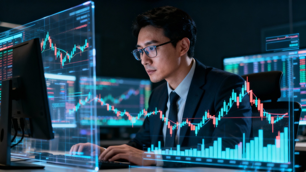 Professional trader with glasses, intense focus, transparent hologram candlestick charts surrounding预览效果