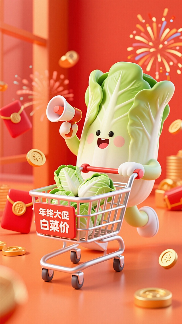 软3D风格拟人白菜推购物车，手持喇叭喜庆促销，红金配色搭配烟花红包，营造新年节日氛围与强烈促销感。