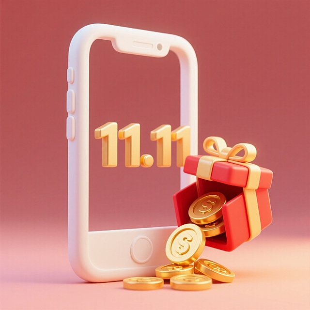 软3D风格手机屏显“11.11”，红礼盒倾泻金币，喜庆促销感十足，科技与微缩艺术结合，金属质感强化节日氛围。
