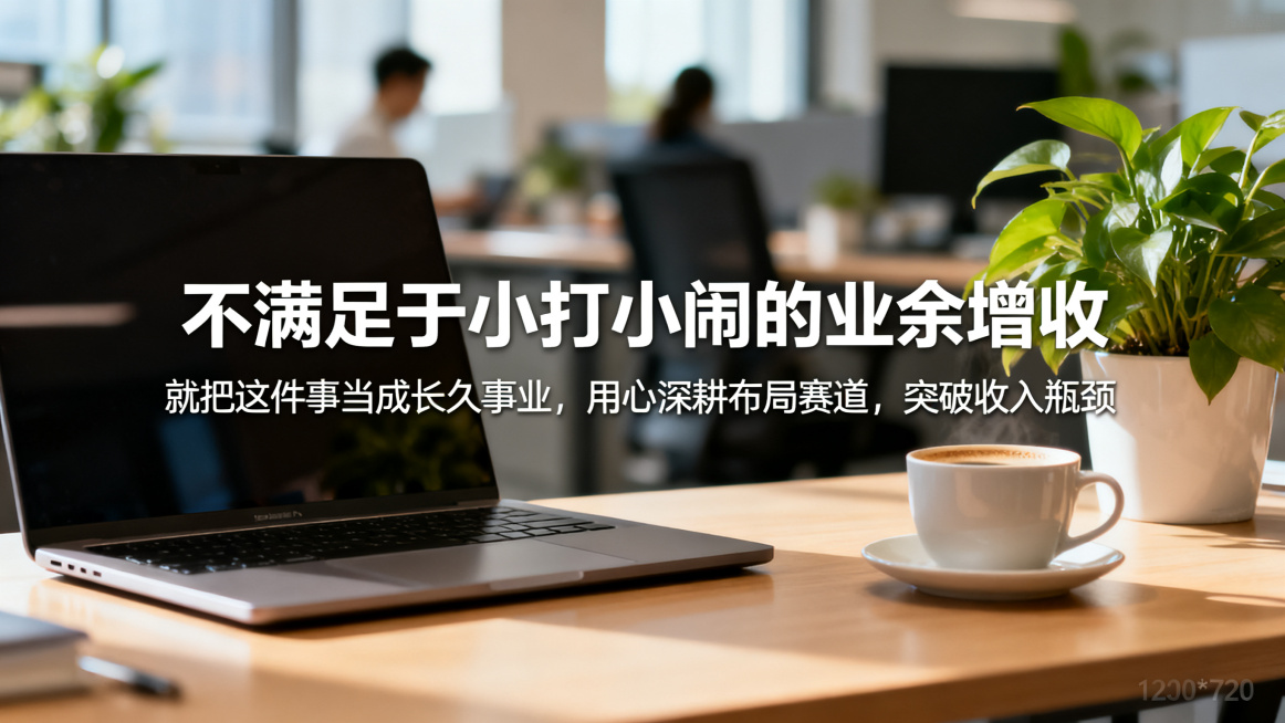 不满足于小打小闹的业余增收，就把这件事当成长久事业，用心深耕布局赛道，突破收入瓶颈。参考图片1生活化实景简约风，明亮办公室桌面虚化背景，主标题大字："不满足于小打小闹的业余增收"，副标题小字："就把这预览效果