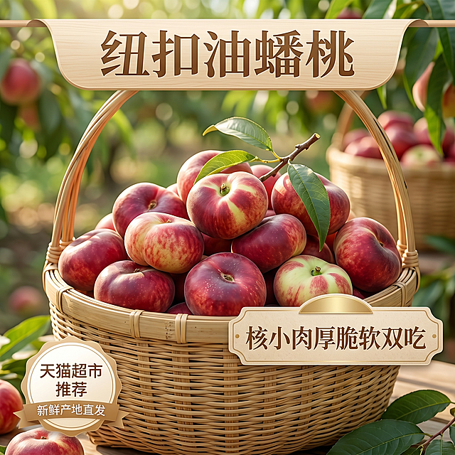 「图片1」「图片1」「图片1」「图片1」「图片1」，生成一套主图（5张），商品名称是纽扣油蟠桃，卖点是核小肉厚，脆软双吃适配淘宝/天猫平台，主图比例为1:1