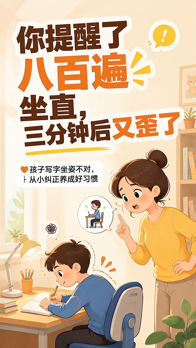 小红书亲子教育封面主图，大标题醒目大字：你提醒了八百遍坐直，三分钟后又歪了，副标题小字：孩子写字坐姿不对，从小纠正养成好习惯，保持和这套图文一致的暖色调卡通插画风格，明亮干净，文字清晰醒目