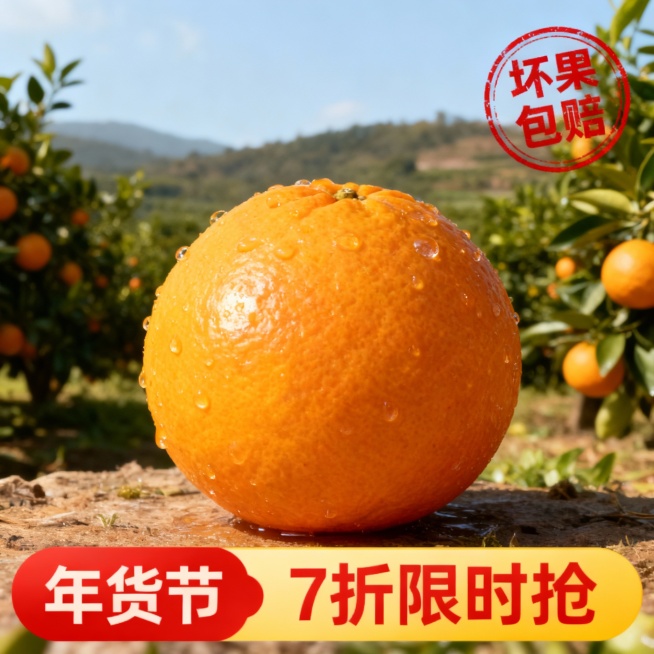 生成一张水果电商主图。主体上附着水珠位于视觉中心，背景为真实果园风景，自然打光。商品卖点“坏果包赔”红色圆形印章样式展示。画面下方为红黄配色文本框，展示卖点信息“年货节 7折限时抢”。预览效果