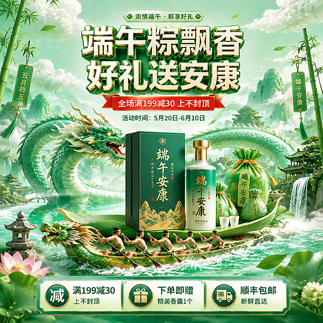 参考原图国潮新中式绿色端午风格，将画面中的粽子替换为高档白酒礼盒和瓶身，保留整体构图、绿色龙元素、背景和促销文案，只替换产品为白酒，风格保持一致