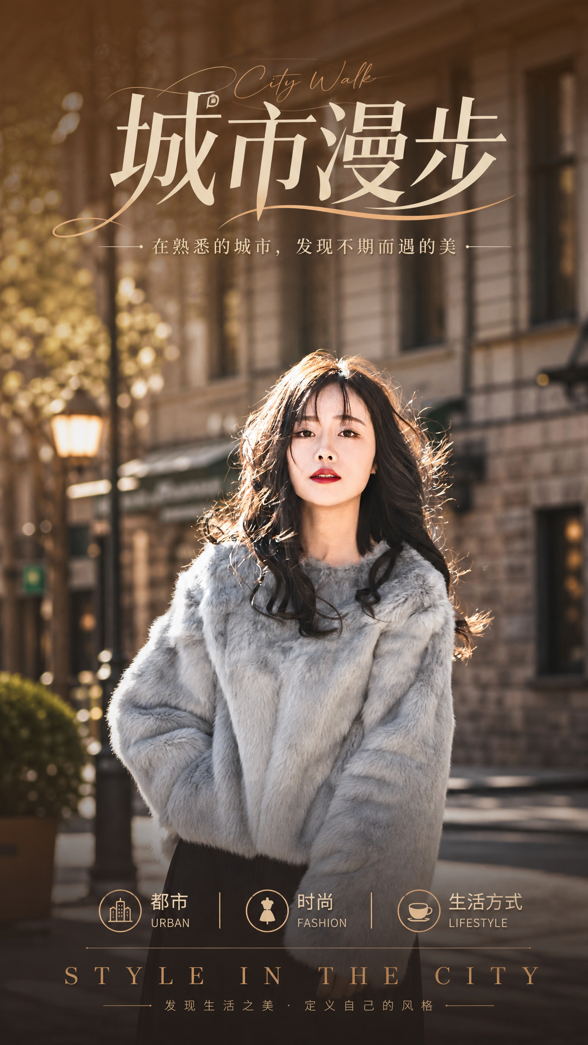 基于这张冬日街拍女性人像照片，设计一张都市生活方式海报。保留原… - 图片创意预览
