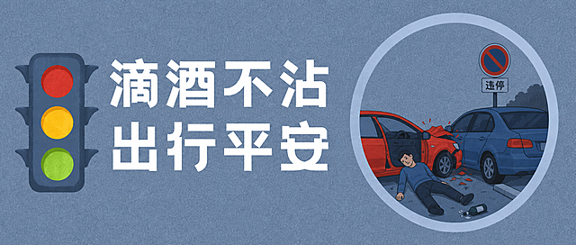 参考原图扁平插画风格，将右侧撞车画面修改为男子醉驾撞上违停车辆身亡的场景，保留左侧红绿灯和主文案'滴酒不沾 出行平安'，删除左下方的'99全国拒绝酒驾日'文字，整体保持灰蓝色背景风格