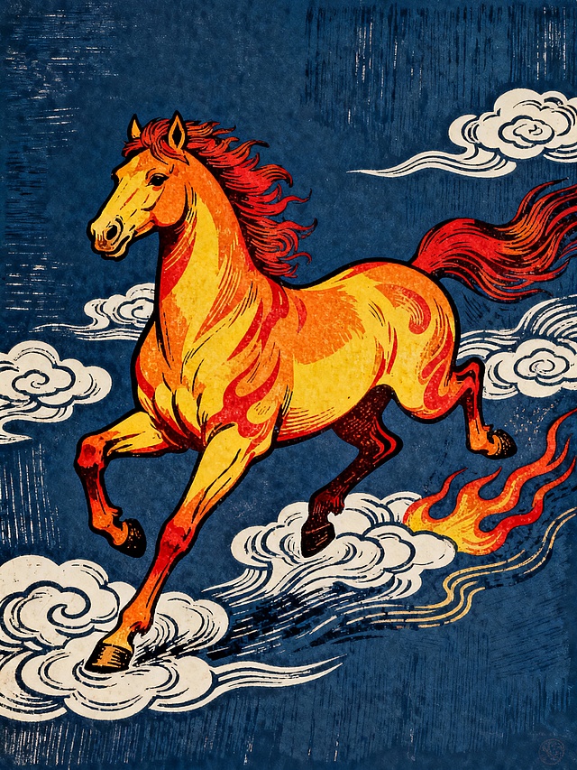 传统年画，版画，保留木版年画的线条感，奔腾跨越的马，祥云、火焰纹环绕，以深蓝色为沉稳背景，主体采用橙黄与红色，细腻的数字手绘质感。线条流畅且富有变化，模仿了传统线描的韵味。色彩渲染均匀平滑，但背景保留了细微的笔触感