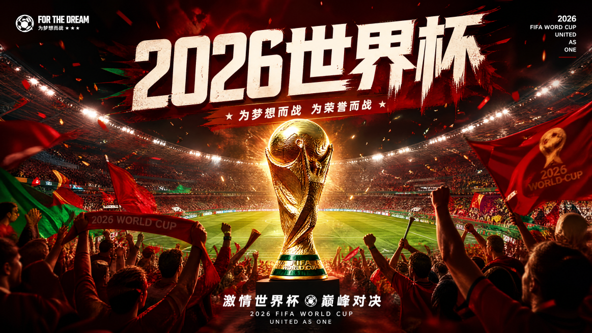 一张2026年世界杯主题横板海报，画面中心有大力神杯，背景是足球场，有球迷欢呼，整体风格是激情澎湃的体育赛事风，上方有醒目的文案"2026世界杯"，色彩以红色和绿色为主，光影对比强烈，高质量赛事宣传海预览效果