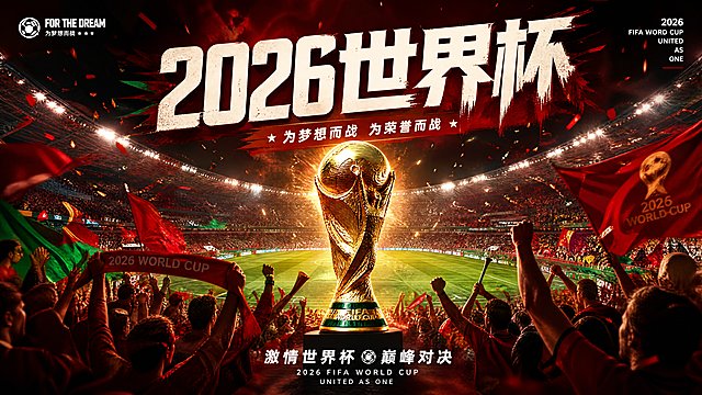 一张2026年世界杯主题横板海报，画面中心有大力神杯，背景是足球场，有球迷欢呼，整体风格是激情澎湃的体育赛事风，上方有醒目的文案"2026世界杯"，色彩以红色和绿色为主，光影对比强烈，高质量赛事宣传海报