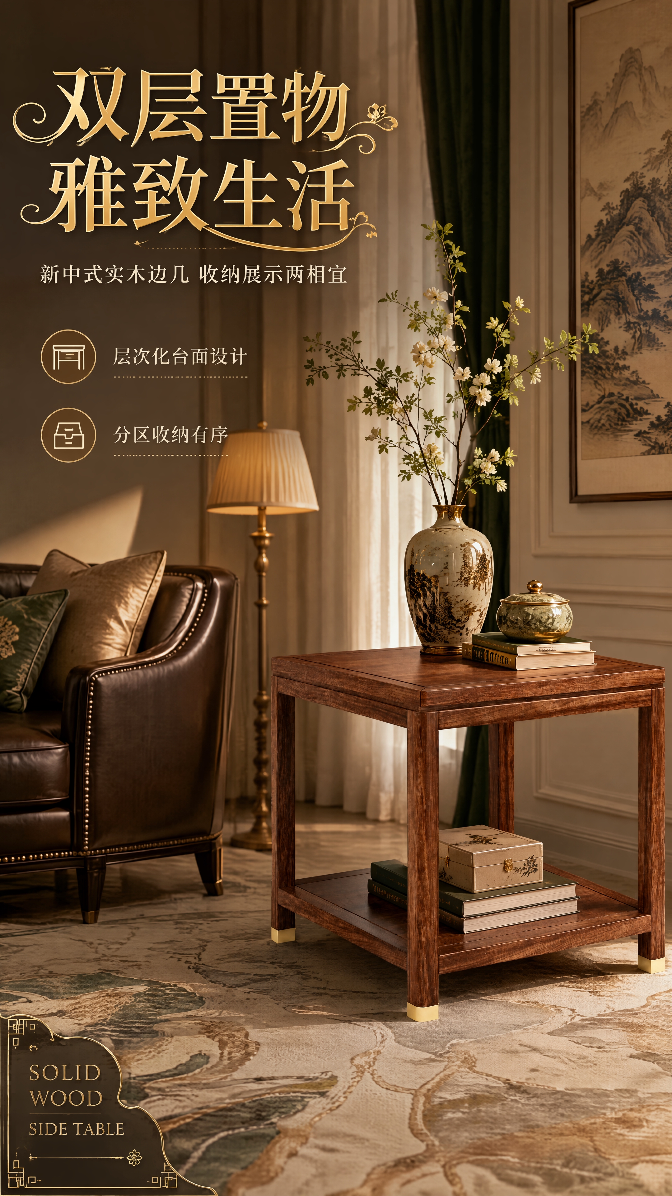 [第1张] 详情页头图-新中式胡桃木色双层实木边几主视觉海报。… - 图片创意预览