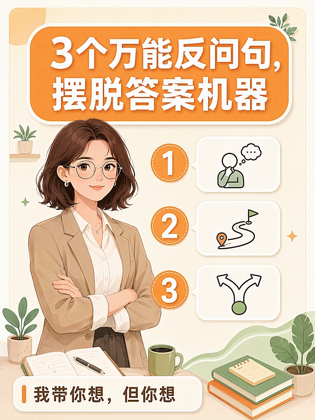 小红书笔记大字封面，插图大字，现代扁平插画风格，微立体柔和阴影，小红书治愈系职场手绘风，版式精美，小红书笔记封面质感，适合信息流点击。竖版3:4构图。画面中央：一位28岁左右年轻女性主管，齐肩棕色短发微卷，戴银色圆框眼镜，穿奶油白衬衫外搭卡其色休闲西装外套，气质温柔干练，表情微笑自信。她站在画面左侧，右手边竖向排列三个暖橙色编号圆牌（①②③），每个圆牌旁各有一个奶油白底圆角对话框，分别配简约图标：第一个框内为思考人形图标，第二个框内为路线箭头图标，第三个框内为分叉路径图标。三个对话框从上到下排列，大小一致，间距均匀。背景为奶油米色纯色(#FBF6EF)，左上角有淡橙色圆形装饰，右下角有薄荷绿波浪线装饰，画面中散落小绿植盆栽和笔记本等扁平化办公元素。顶部圆角矩形标题卡片，暖橙色底(#F5A962)白色文字写着主标题，主标题必须完整呈现且逐字锁定："3个万能反问句，摆脱答案机器"。底部圆角矩形文字卡片，奶油白底深棕色字(#5D4E37)，左侧带暖橙色竖条装饰，写着"我带你想，但你想"。色彩温暖明亮，线条圆润简洁，画面干净留白，适合手机竖版阅读。主标题字号大且清晰，为画面视觉重点。整体圆角卡片式布局，边距统一，视觉舒适。画质：高清细腻，信息层级清晰，文字完整处于安全区内不可裁切，四周留安全边距。