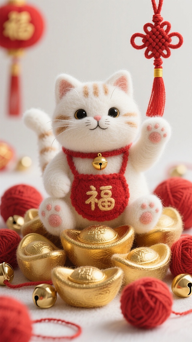 一只毛茸茸的白色招财猫，系着红色的肚兜，坐在一堆同样毛绒绒的金色元宝中间。它正举起一只爪子，爪子上挂着一个红色的中国结，表情憨态可掬。周围散落着红色的毛线球和金色的铃铛，画面充满柔软的触感，像精致的羊毛毡手工艺品。