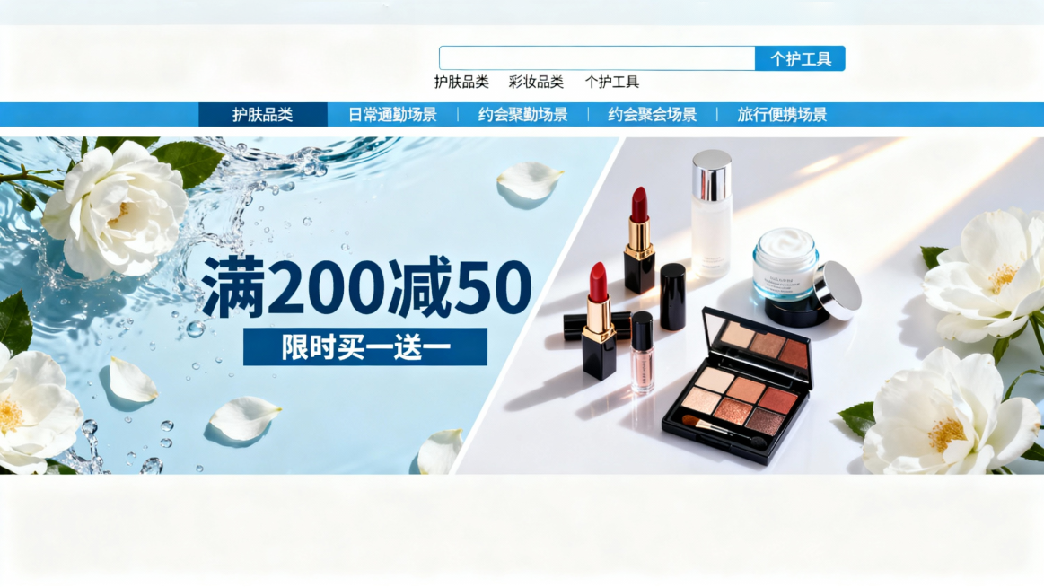 导航栏层级清晰；商品分类区按品类 / 场景划分；优惠券、促销区突出核心优惠。淘宝店铺pc端装修化妆品类蓝白配色预览效果