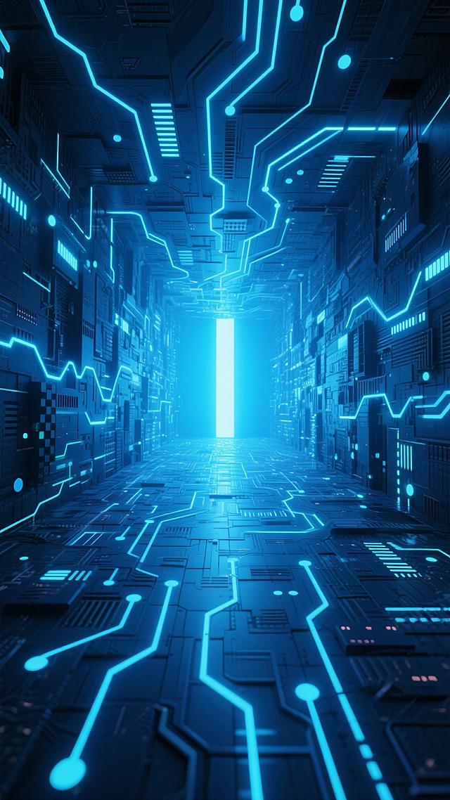 科技感十足的未来智能场景，深蓝色为主色调，辅以明亮的蓝色光点和线条，营造出神秘而充满活力的氛围。画面中央是一个由复杂电路和数据流构成的三维空间，无数发光的线条和节点交错纵横，仿佛一个巨大的神经网络。地面由整齐排列的发光电路组成，呈现出延伸至远方的透视效果，尽头有一束强烈的蓝色光芒，象征着智能科技的无限可能。整个场景充满了动态感和深度，光线效果细腻，高光和阴影对比鲜明，展现出高端的3D渲染质感。