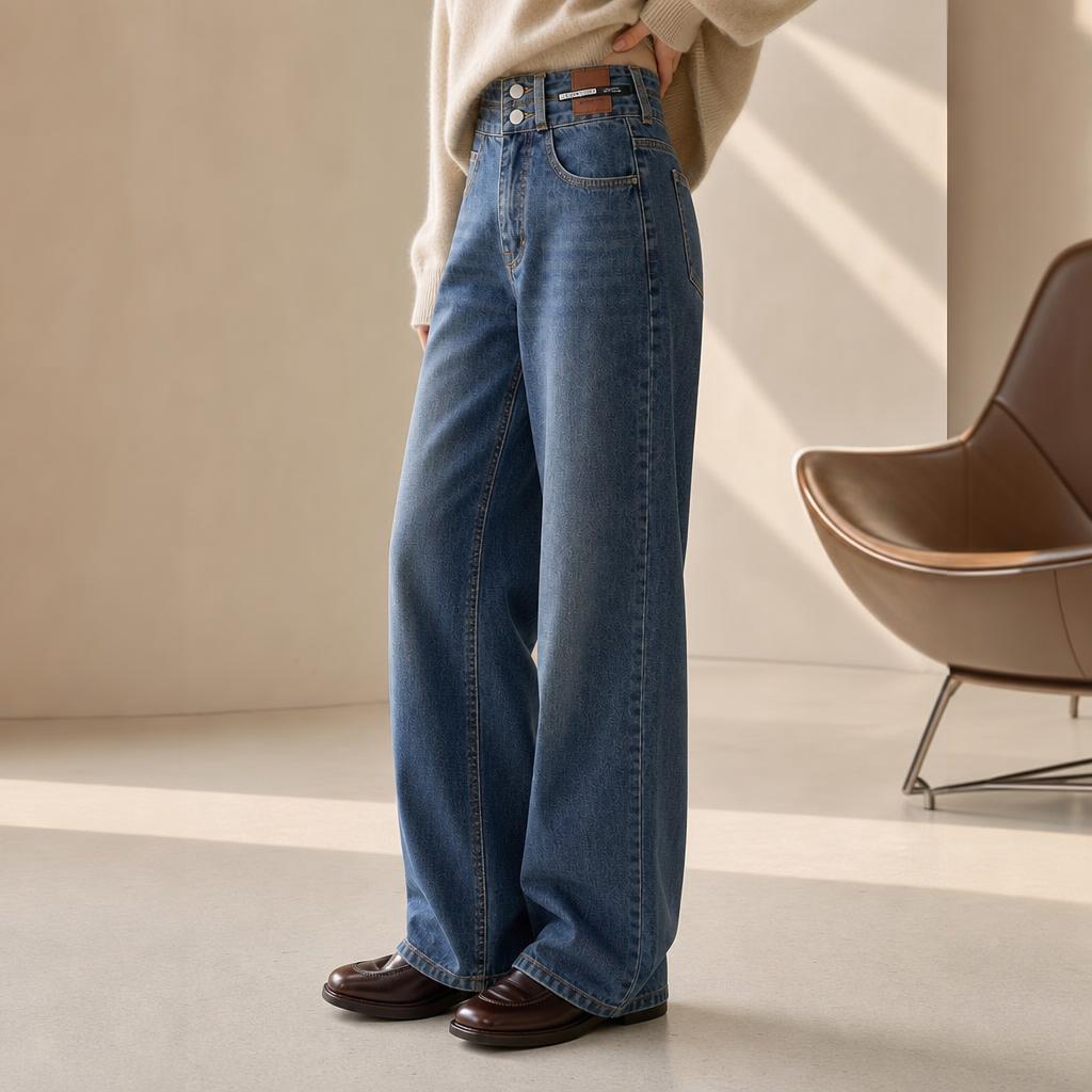 严格参考图中人物穿搭（米色毛衣、蓝色双扣高腰直筒阔腿牛仔裤、棕… - 图片创意预览