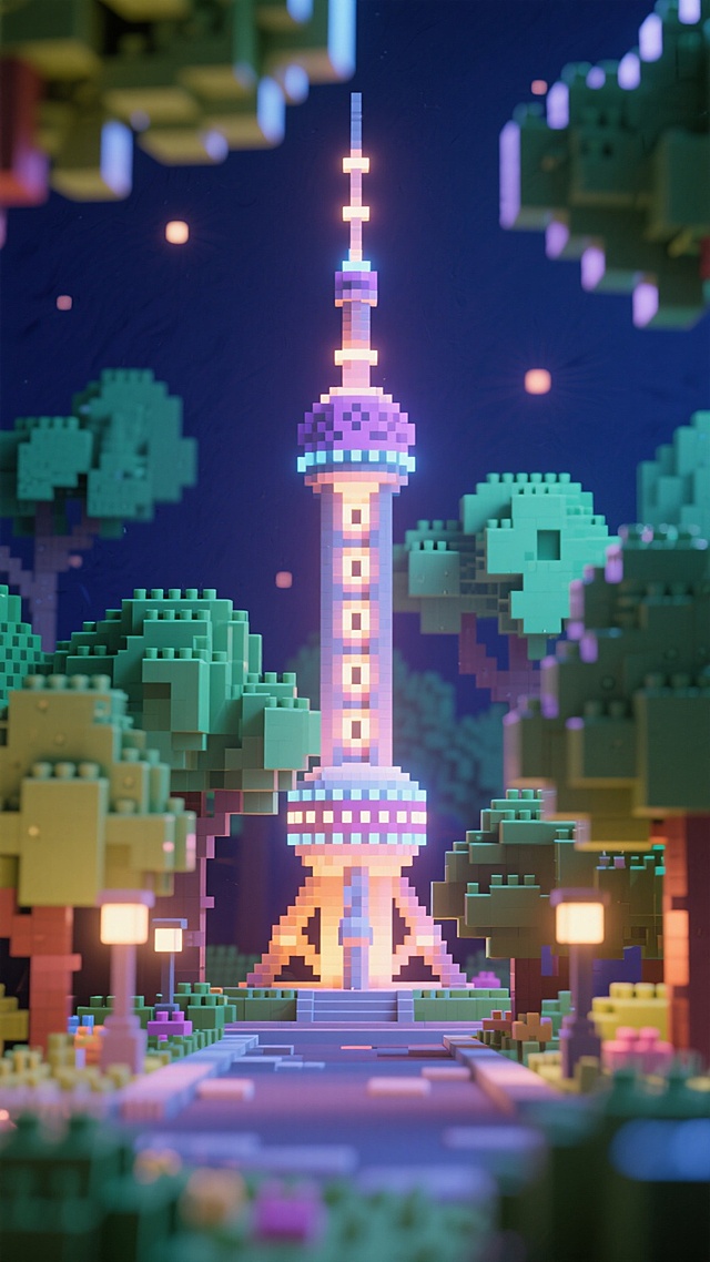 东方明珠塔（发光），上海，树木，夜晚，微缩景观，景深