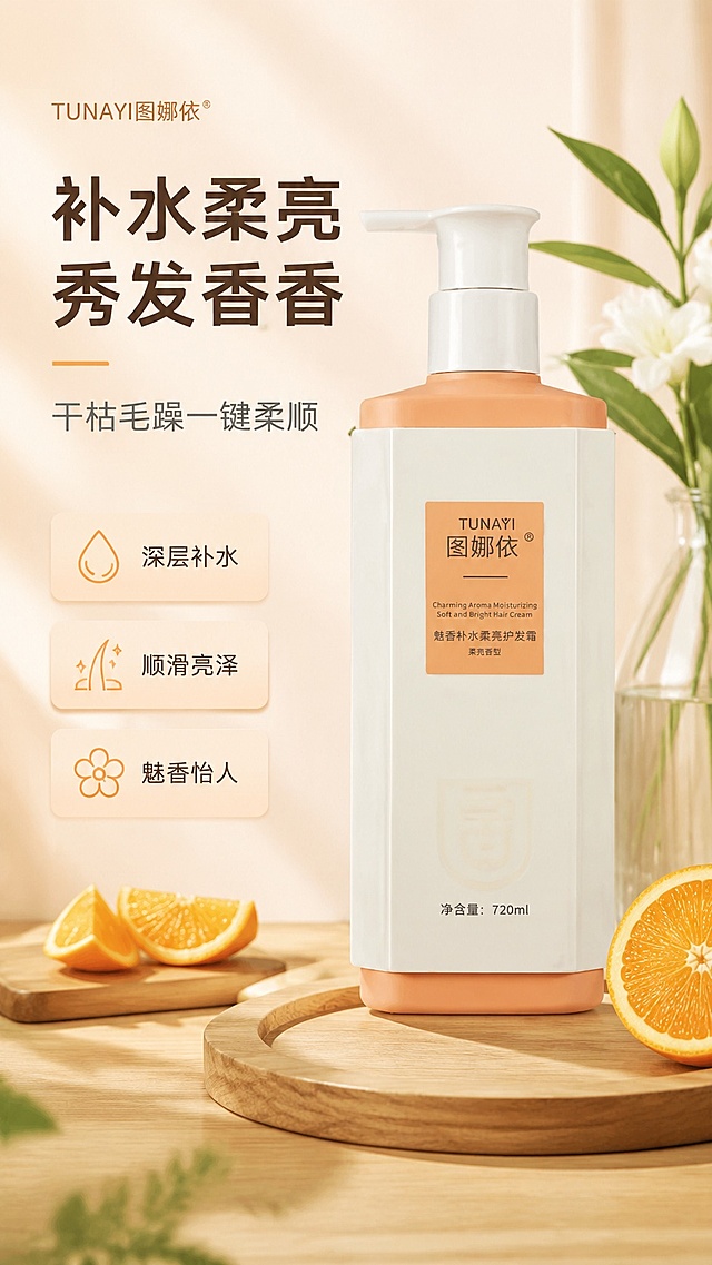 [第1屏] 详情页头图-图娜依魅香补水柔亮护发霜产品主视觉海报。本屏使用【图1】作为商品主体。
[氛围/风格] 清新温馨氛围感，暖橙浅色系搭配，自然高级商业摄影质感，适配抖音快手短视频平台种草风格。
[元素布局] 护发霜产品放置在画面偏右侧居中位置，占比约65%，左侧预留清晰标题区域；背景搭配简约原木台面，点缀新鲜橙片和绿植装饰，保留产品瓶型结构、颜色、包装文字与输入产品图完全一致。
[光影质感] 左侧柔暖主光，右侧浅辅助光，产品瓶身留下自然高光，底部柔和投影，整体通透干净，产品轮廓清晰。
[配色色系] 全局底色 #FFF8F0，主色浅米白+暖橙色，辅助色清新绿色、原木浅棕色。
[视角构图] 正面平视视角，产品为绝对视觉中心，阅读动线左上标题 → 中部产品 → 底部信息，构图均衡舒适。
[文字版式] 左上区域为主副标题，底部三个信息利益条。主标题「补水柔亮 秀发香香」，副标题「干枯毛躁一键柔顺」，主标题加粗醒目，副标题浅灰色辅助；底部三个利益点分别为「深层补水」「顺滑亮泽」「魅香怡人」，信息条简约圆角设计，文字不遮挡产品主体。
[比例分辨率] 9:16 竖版比例，4K分辨率，文字清晰可辨，高清画质。
[负向提示词] 产品变形，颜色偏差，包装文字错乱，缺件错件，文字过小，水印，背景杂乱，文字模糊。