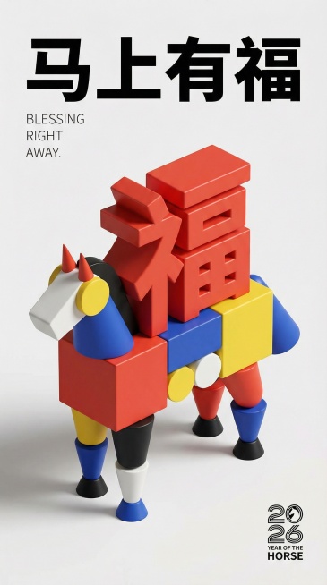 [核心主体] 一个由几何形体（立方体、圆柱、圆锥）组合而成的现代马雕塑，极简主义设计风格。马背上负载着一个巨大的、鲜艳红色或金色的立体“福”字块，呈现出“马上有福”的视觉寓意。

[风格与材质] 孟菲预览效果
