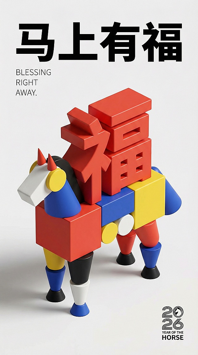 3D几何马载“福”字，孟菲斯风格撞色拼接，塑料质感萌趣十足，喜庆卡通风迎2026马年。