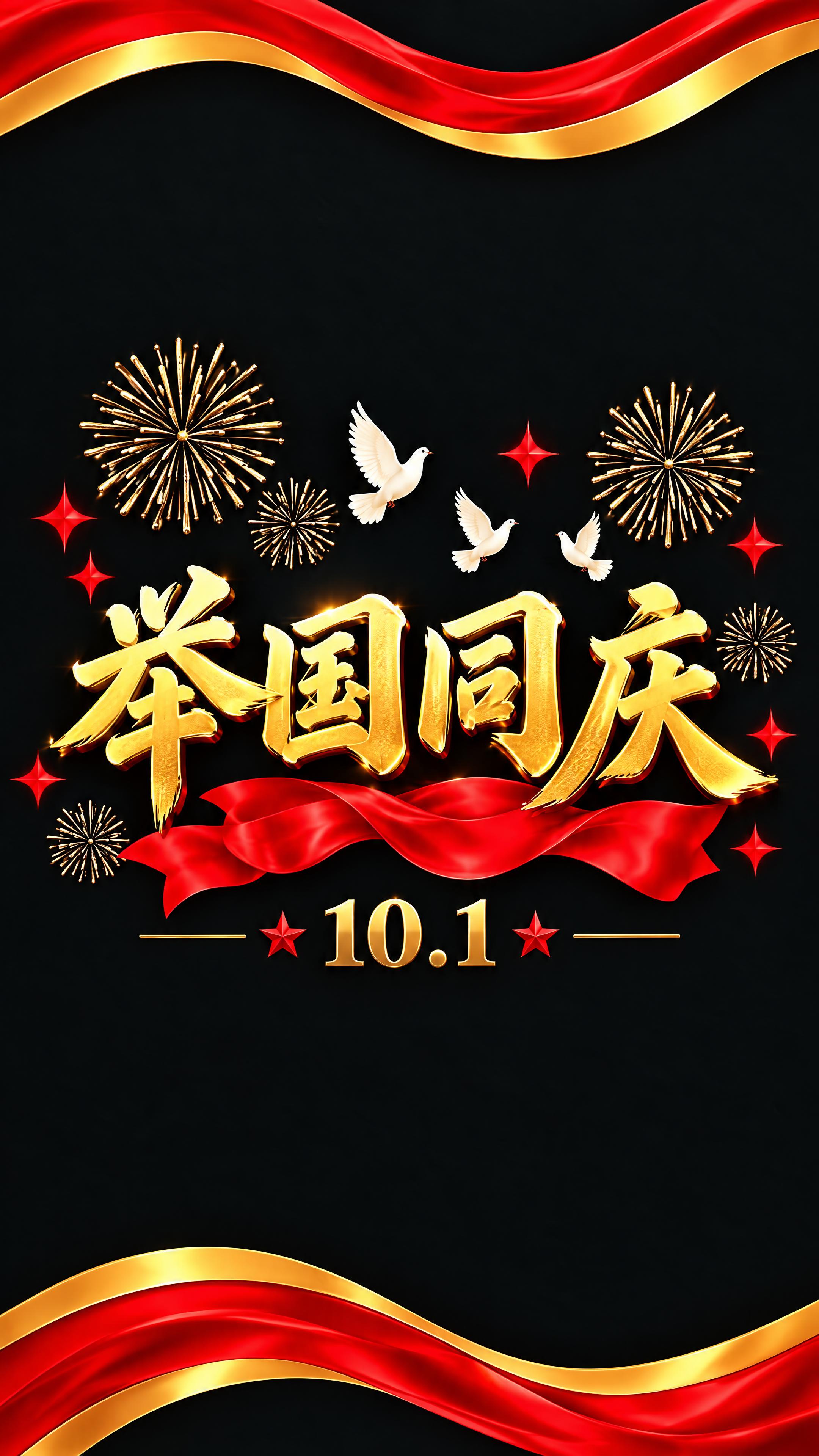 第4扇玻璃贴：黑色背景，顶部和底部红金波浪飘带，画面中央是金色… - 图片创意预览