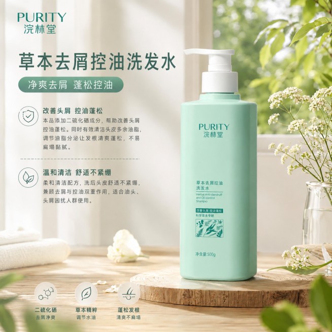 仅去掉右侧的试用装和底部的买即赠板块，保留所有其他原有内容不变：包括全部产品介绍文案、左侧文案排版、底部三个圆形小标识、浅绿清新背景、风格光影、1:1构图比例，调整排版让瓶装产品居中展示，保持整体协调预览效果