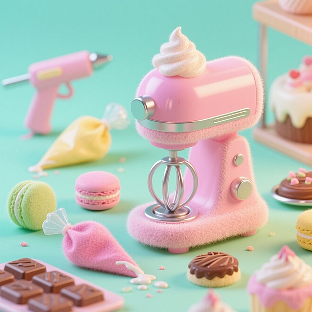 一台粉色奶油搅拌机，周围有马卡龙色裱花袋、砂糖喷枪和巧克力模具，色彩以薄荷绿/樱花粉/奶油黄撞色，甜蜜烘焙工坊氛围