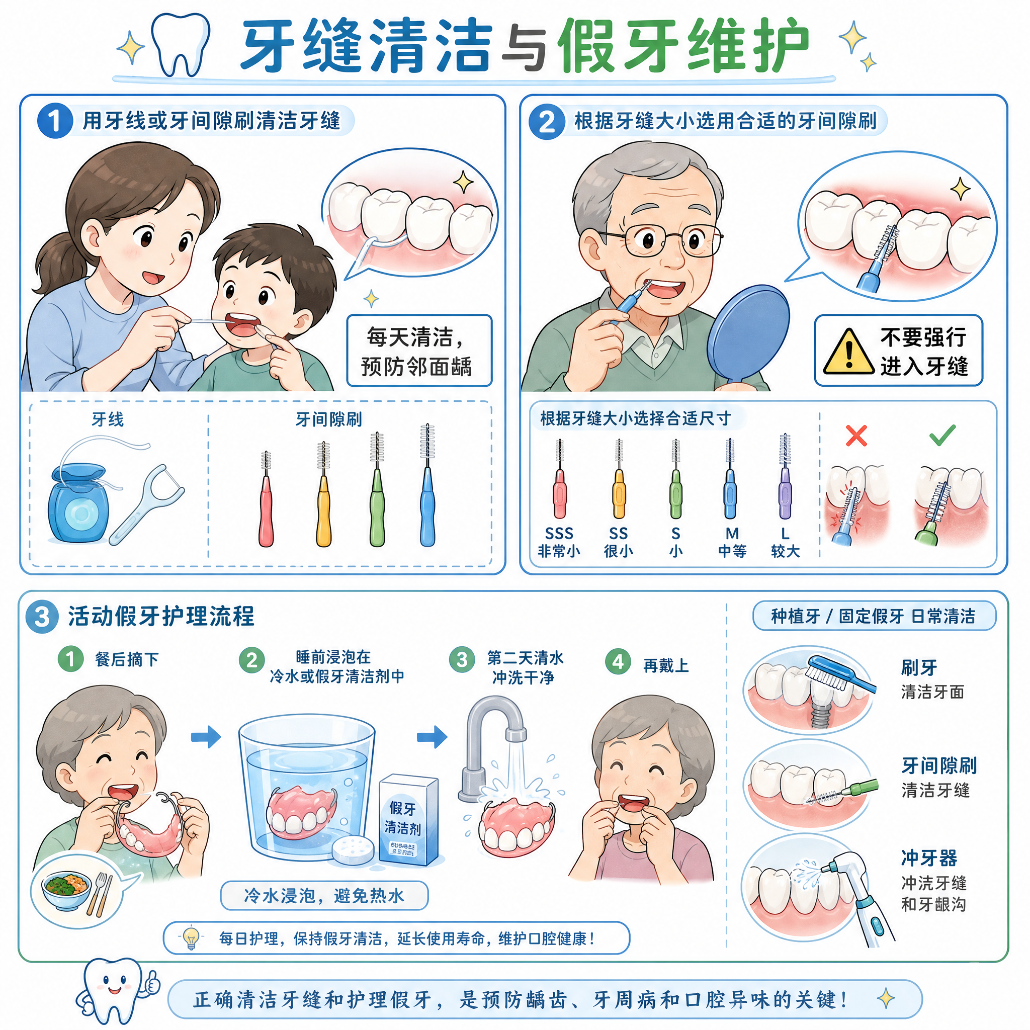 医学科普漫画风格插画，主题'牙缝清洁与假牙维护'。上排两个分镜… - 图片创意预览