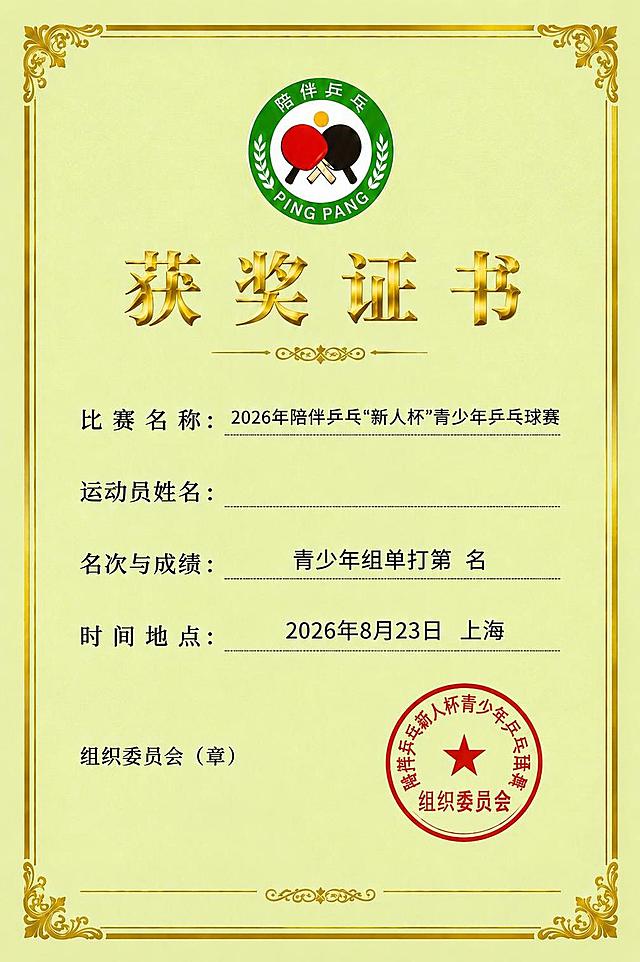 将证书中"运动员姓名"后的"XXX"删除，保留横线空白填写区域；将"名次与成绩"中的"第X名"的"X"删除，改为"第 名"保留中间空白填写位置，其余所有内容、排版、颜色、边框、印章、logo均保持不变，修复自然无痕