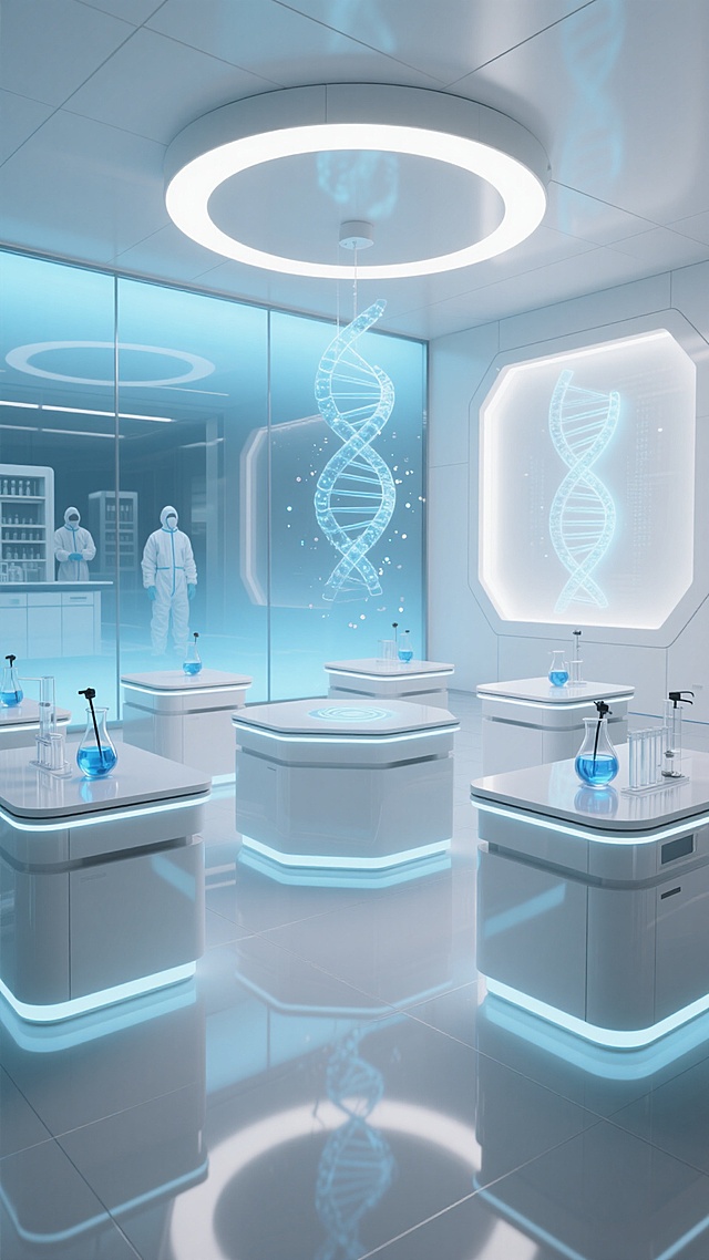 广角镜头，极简未来主义生物实验室，悬浮式六边形白色实验台阵列构成几何韵律，台面嵌入冷光LED灯带勾勒出精准轮廓，透明亚克力器皿中蓝色生物荧光液体随微型磁力搅拌器形成漩涡状光纹，墙面为可变色智能玻璃，当前呈现冰蓝色半透明状态，透过玻璃可见相邻实验室穿着白色防护服的研究人员剪影，地面是高反光纳米陶瓷材质，完美映射天花板悬浮的环形无影灯与实验台倒影，右侧墙面上嵌入式全息投影正显示DNA双螺旋结构的三维模型，空气中悬浮着微小的全息数据粒子，整体色调由纯净白、科技蓝与金属银构成，空间感通过精确的三点透视和光影层次无限延伸，氛围冷静而充满智慧张力。