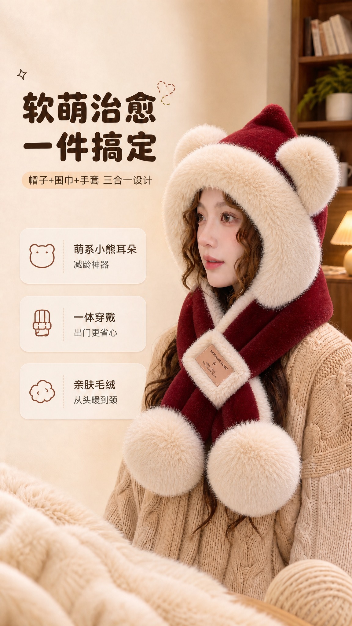 将图中模特佩戴的小熊帽子围巾一体三件套，参照参考图8的酒红色帽… - 图片创意预览