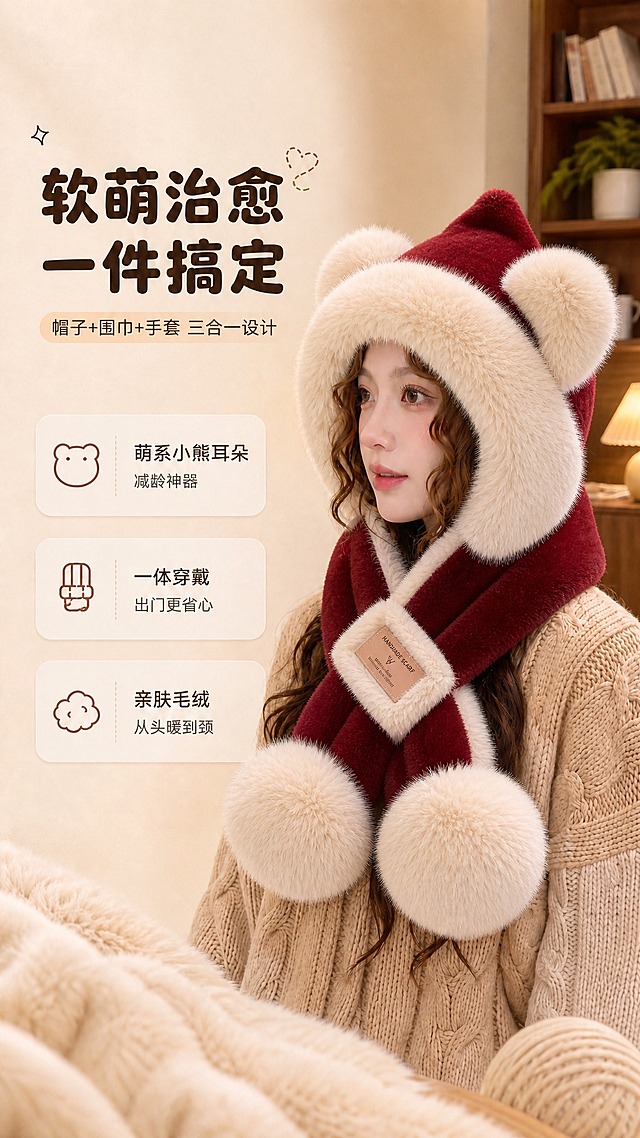 将图中模特佩戴的小熊帽子围巾一体三件套，参照参考图8的酒红色帽子样式进行修改：帽子顶部改为酒红色尖顶小帽檐设计，帽檐边缘和耳朵外圈为米白色长毛绒，帽子主体下半部分保持米白色毛绒；围巾主体改为酒红色短毛绒，毛球和交叉处包边为米白色长毛绒；保留原模特的面部、发型、姿势、毛衣、背景文字排版和光影不变，毛绒质感自然蓬松，颜色过渡自然，整体融合真实。