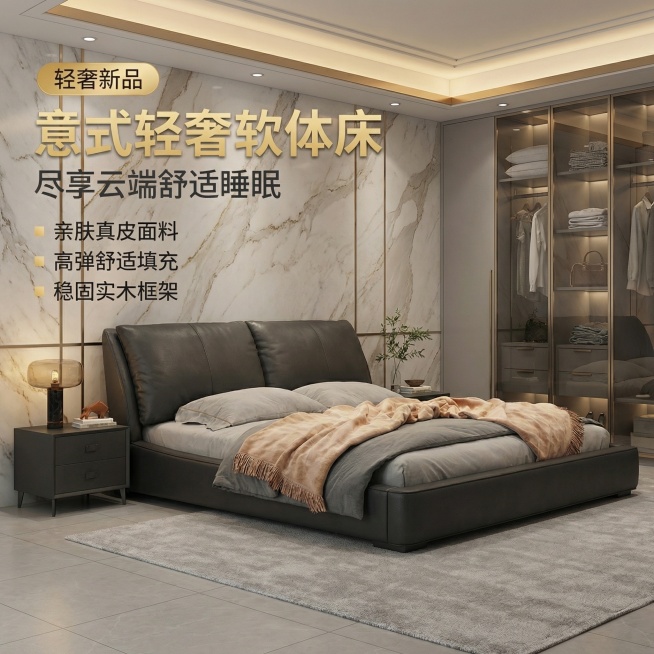 保留图中所有文字内容不变，更换卧室场景为意式极简轻奢风格，背景采用大理石纹背景墙搭配金属线条装饰，地面为浅灰色哑光地砖，搭配浅灰色短绒地毯，侧边换成金属边框玻璃衣柜，顶面为无主灯悬浮吊顶配暖光筒灯，整预览效果