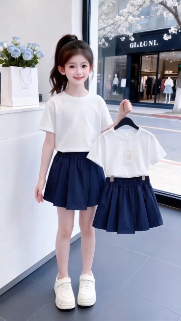 用图1的短袖和裙裤替换图的2的人物穿的衣服裤子和模特手里衣架上挂着的衣服，保留原场景光影，保持图2的人物的五官和发饰不变，模特的手从口袋里拿出来自然顺垂在身侧，拍摄角度不变，模特的朝向不变，背景不预览效果
