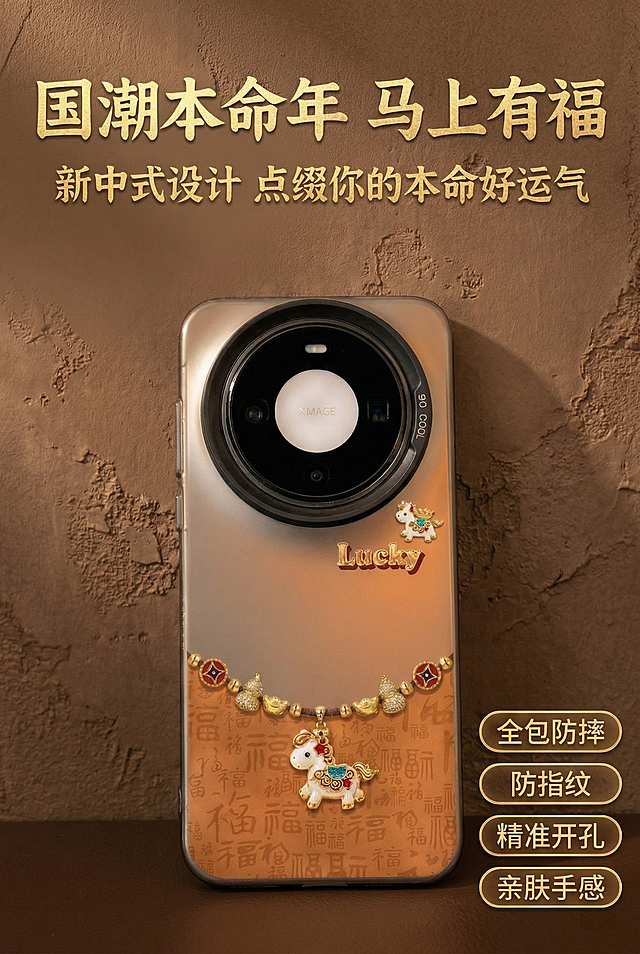 详情图首屏：整体场景展示，保留原有国潮复古轻奢高级风格，棕色肌理背景，手机壳居中展示，顶部大标题“国潮本命年 马上有福”，烫金复古宋体，下方副标题“新中式设计 点缀你的本命好运气”，保留四个核心卖点“全包防摔、防指纹、精准开孔、亲肤手感”在右侧竖向排列，每个卖点配金色胶囊边框，整体构图饱满，风格和原图统一，2K分辨率