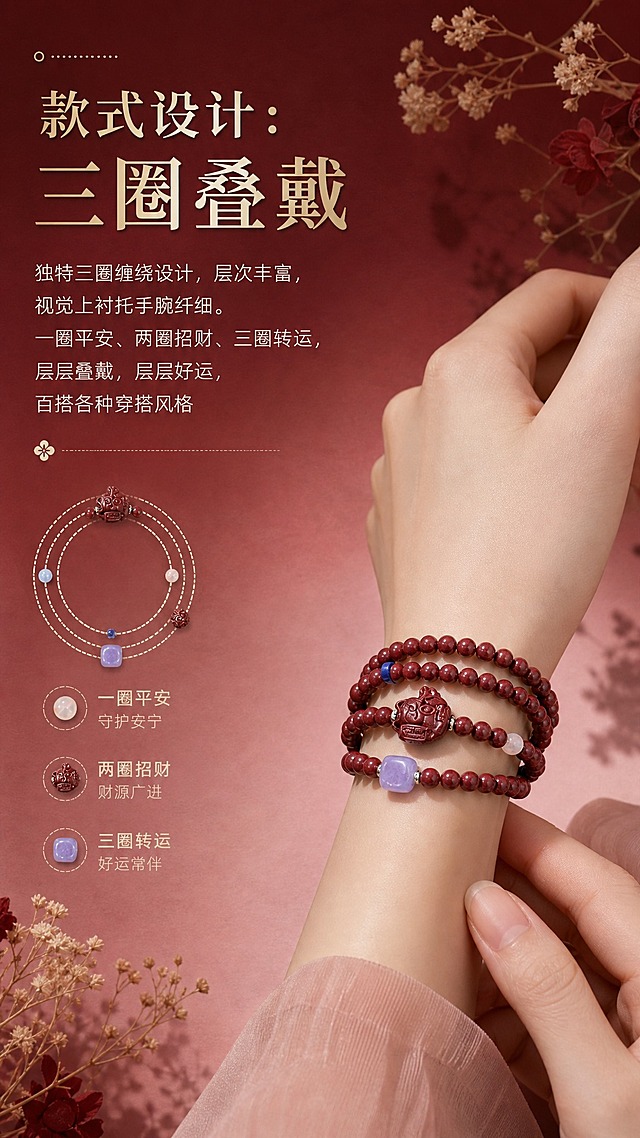 电商详情页卖点图，三圈叠戴设计卖点，9:16竖版，高级酒红到裸粉渐变背景带纸质感纹理，展示女性手腕佩戴三圈手串的效果特写（手部优雅纤细），三圈缠绕层次分明，配多层圆环设计图标，大标题文字"款式设计：三圈叠戴"，正文文字"独特三圈缠绕设计，层次丰富，视觉上衬托手腕纤细。一圈平安、两圈招财、三圈转运，层层叠戴，层层好运，百搭各种穿搭风格"，背景点缀干花装饰，产品外观与参考图完全一致