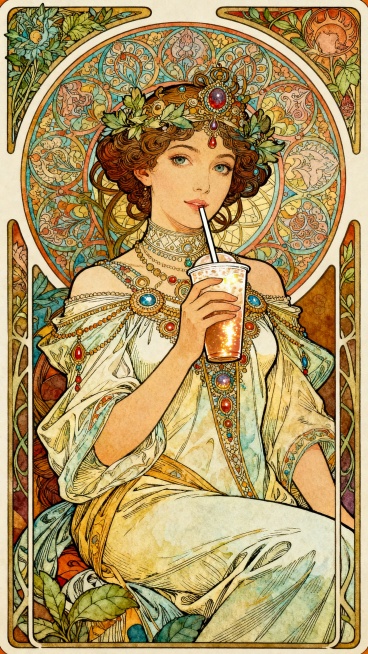 女神手里拿着奶茶坐在画面中间，极繁主义，穆夏插画风格，不要出现醒目的文字预览效果