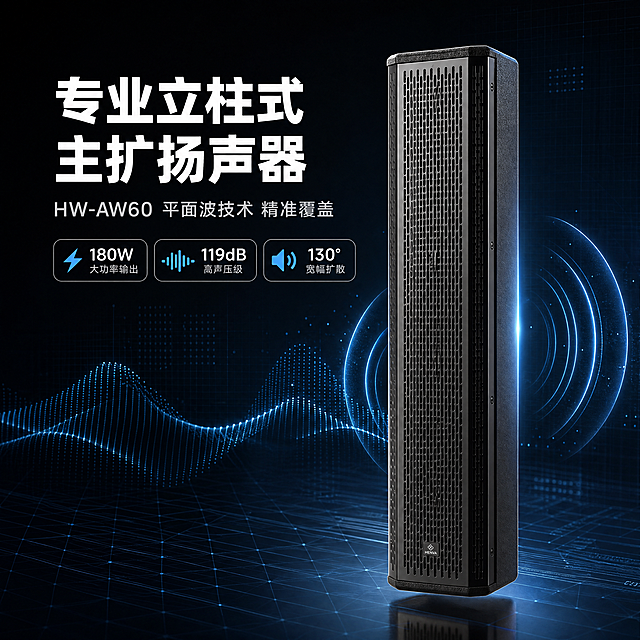 [商品] 使用【图1】主扩扬声器HW-AW60；保留立柱型黑色箱体、正面格栅网罩、底部HENVA品牌Logo、整体比例与材质纹理；产品正面朝向观众，略微侧转展示立体感，确保结构完整清晰。
[画面] 目标：专业硬核头图，突出主扩扬声器的专业级性能定位。构图：左文右图，左侧上方大标题区，右侧产品主体占画面60%；背景为深色科技感空间，带有微弱的声波扩散线条光效和数据网格，底部有渐变反光地面；产品悬浮于光影中，周围环绕微弱的蓝色声波可视化效果，体现声学产品属性。
[视觉] 套系策略：风格=专业科技商业摄影风；标题字=粗黑无衬线字体；正文字=简洁无衬线体；主色=深炭黑+深灰；背景延展=深色渐变科技背景，带细微网格和声波线条光效；强调色=冷蓝色，仅用于小面积图标、引线、标签和光效点缀；标题色=纯白色；正文色=浅灰色；组件=细线圆角信息卡、科技感数据标签、声波图形元素；光影=左前侧主光+右侧轮廓冷蓝光，产品质感硬朗清晰。
[文字] 左上区域主标题"专业立柱式主扩扬声器"，副标题"HW-AW60 平面波技术 精准覆盖"，下方3个短卖点胶囊："180W大功率输出"、"119dB高声压级"、"130°宽幅扩散"；文字横排，层级分明，不遮挡产品主体。
[规格] 图片比例1:1方版，4K分辨率，负向提示：避免变形、错字、文字过小、产品结构改变、颜色失真、白底孤立、暖色调背景、模糊不清。
