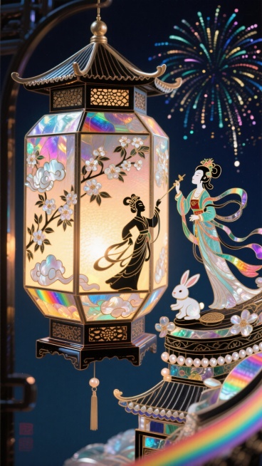 一座精美的六角宫灯，灯体采用针刺片工艺，镂空出祥云、桂花等图案。灯光亮起，透出温暖的光斑。最精彩的是，灯罩上运用走马灯原理，映出循环转动的皮影戏剪影：嫦娥舒袖、玉兔捣药，共庆华诞。背景是深邃的夜空与绽预览效果