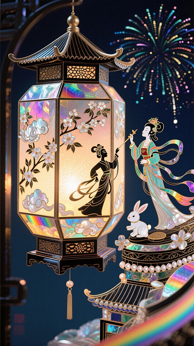 国潮风插画，琉璃灯映照古典剪影，皮影人物与嫦娥共舞，烟花璀璨，光影流转，尽显中式梦幻与喜庆之美。