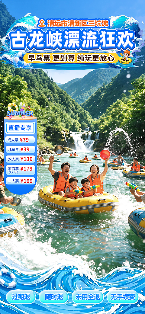 清远古龙峡暑期漂流直播贴片直播间背景 亲子玩水景区多规格套票特惠文旅素材