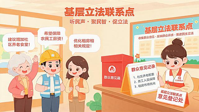 基层立法点宣传漫画，展示基层立法联系点收集群众意见的场景，风格活泼明快，适合宣传推广，画面包含群众交流和意见记录的元素
