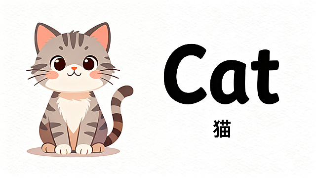 幼儿英语启蒙PPT内页，主题猫，活泼可爱卡通风格，左侧是一只可爱的小猫卡通图片，右侧大大的英文单词"Cat"，下方配小字号中文注释"猫"，整体简洁清晰，适合幼儿学习