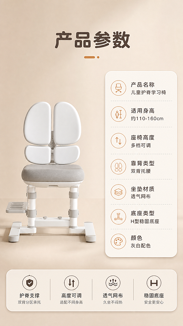 [商品] 使用【图1】灰白配色儿童双背护脊学习椅；保留双背结构、灰色坐垫、升降立柱、脚踏、H型底座和白灰配色；产品正面标准照，结构比例与原图一致。
[画面] 规格参数页，目标清晰展示产品参数信息。左侧产品标准照（正面角度），右侧圆角信息卡列出参数；背景为奶咖色渐变，底部有浅底信息条。产品占画面45%，信息卡占画面40%。
[视觉] 套系策略：风格=温馨奶咖风儿童家居商业摄影；标题字=圆润黑体粗体；正文字=简洁无衬线黑体；主色=奶咖米杏色；背景延展=基于奶咖米杏做深浅层级、同色渐变和细腻质感；强调色=暖橙棕，仅用于小面积图标、引线和标签；标题色=深棕灰；正文色=中暖灰；组件=圆角浅底信息卡、细线引线、胶囊标签；光影=左前侧暖柔光。
[文字] 顶部主标题"产品参数"，信息卡内容：产品名称-儿童护脊学习椅；适用身高-约110-160cm；座椅高度-多档可调；靠背类型-双背托腰；坐垫材质-透气网布；底座类型-H型稳固底座；颜色-灰白配色。文字清晰可读，移动端友好。
[规格] 图片比例9:16竖版，分辨率2K，避免变形、错字、文字过小、冷蓝背景、产品颜色改变、结构失真、绝对化用语。