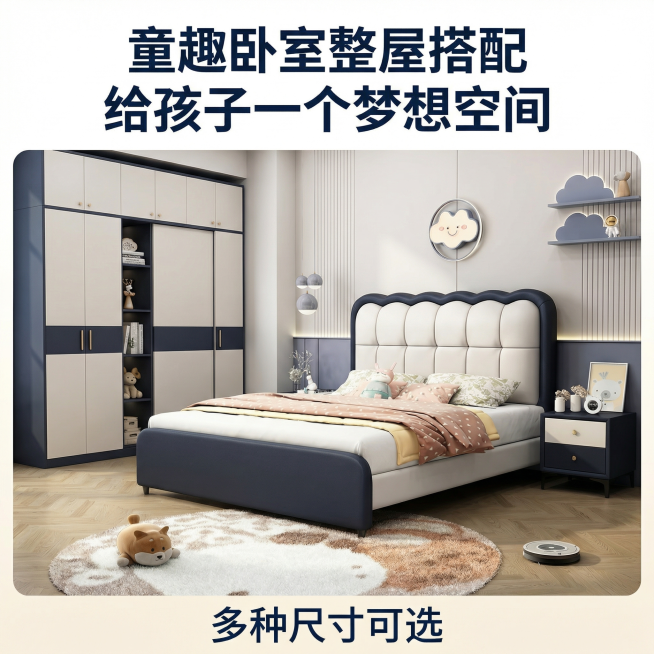 [主图 14] 全屋搭配展示，氛围风格为温馨舒适家居治愈风，商业摄影质感、光线柔和通透、产品清晰真实、画面干净高级。展示儿童床搭配同色系床头柜和衣柜的完整儿童房空间，整体搭配协调，保持产品和光影风格统预览效果