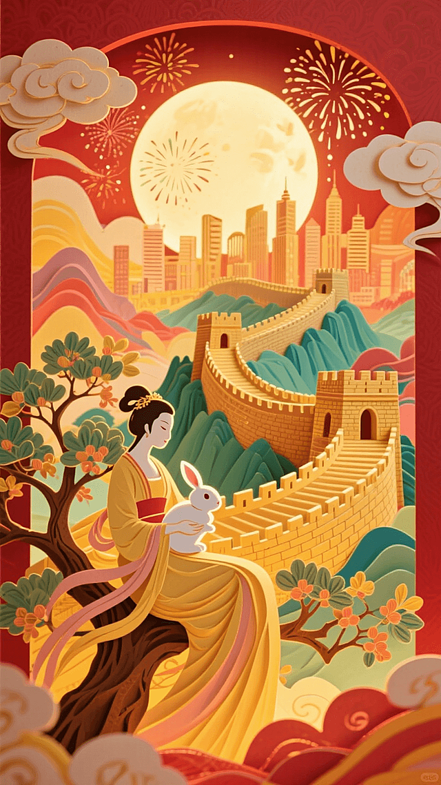 全景构图，近景是嫦娥抱着玉兔的坐在玉桂树上的侧影，中间是蜿蜒雄伟的长城和繁华的城市建筑，背后是圆月和烟花，画面四周祥云环绕，画面整体充满喜庆和华丽，画面呈现喜庆的暖色调