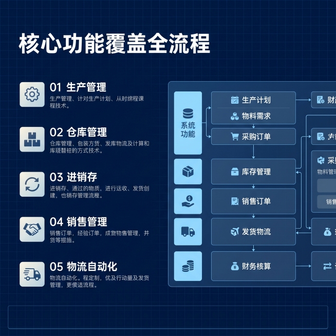 [主图 2] ERP系统核心功能亮点展示。[氛围风格] 专业科技商务风，深蓝色科技感氛围，整体风格与首图统一。[画质] 商业设计质感、画面清晰干净、专业高级。[元素] 深蓝色渐变背景带细网格底纹，整体预览效果