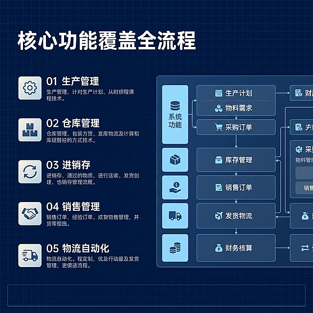 [主图 2] ERP系统核心功能亮点展示。[氛围风格] 专业科技商务风，深蓝色科技感氛围，整体风格与首图统一。[画质] 商业设计质感、画面清晰干净、专业高级。[元素] 深蓝色渐变背景带细网格底纹，整体采用左文右图版式。左侧纵向排列五大核心功能要点，每个要点配图标和文字说明。右侧展示系统功能架构示意图，清晰呈现数据流转逻辑。商品信息占比合理，画面饱满不拥挤。[光影] 整体光线均匀柔和，重点区域有微妙高光突出，明暗层次清晰，没有刺眼反光。[配色] 主色调深蓝色，浅蓝作为功能分区辅助色，文字使用白色高对比显示，图标使用浅亮色点缀。[视角构图] 左右分栏平视构图，信息分区明确，一目了然。[文字版式] 左侧标题 "核心功能覆盖全流程" 大号粗体置顶，下方纵向排列要点：01 生产管理 02 仓库管理 03 进销存 04 销售管理 05 物流自动化，每个要点编号加粗，文字清晰，行间距均匀。右侧示意图标注清晰，文字大小适中。整体保持高对比，文字清晰易读。[比例分辨率] 1:1 比例，2k 分辨率，文字清晰锐利，超高清。[负向提示词] 变形，水印，文字错乱，产品图模糊，背景杂乱，绝对化违禁词，引流信息，配色刺眼。